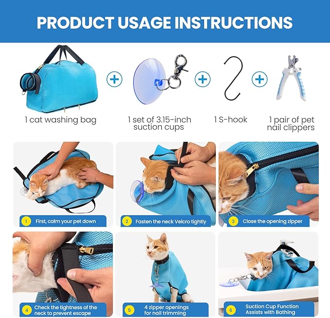 Medium 6-12 lbs Blue Cat Bathing Bag - Double Fix with Suction Cups & Adhesive Fasteners, Anti-Escape & Scratch-Resistant, Breathable & Easy to Clean, for Bathing, Nail Trimming & Travel