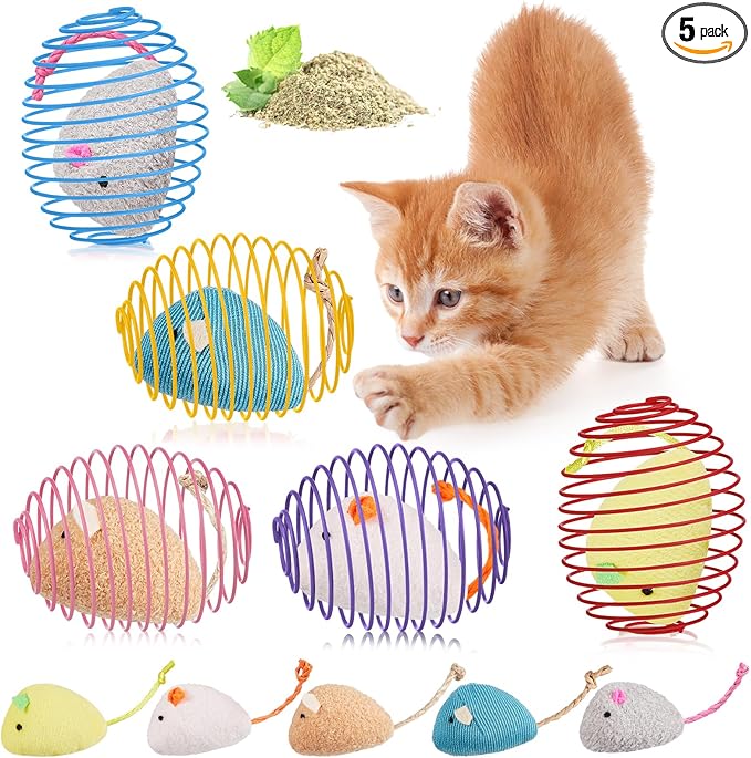Jecery 5 Pcs Cat Spring Toys Stretchable Rolling Balls Colorful Playful Coils Interactive Action Toy Caged Rats for Kitten Pet Supplies (Catnip Rats,Soft Color)