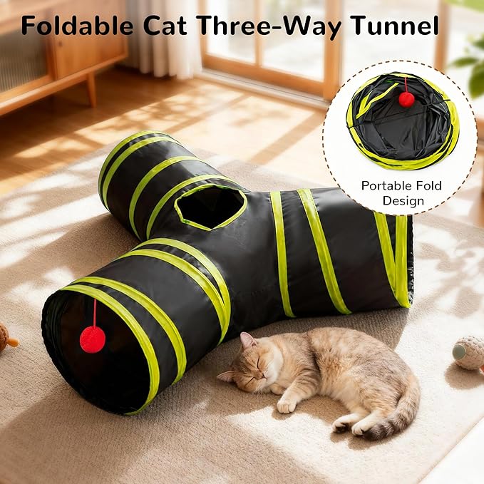 Tempcore Cat Tunnel for Indoor Cats, 3-Way Collapsible Play Tunnel with Teaser Wand, Peek Holes & Toy Ball, Small Pet Toy for Kittens & Rabbits, Black & Yellow