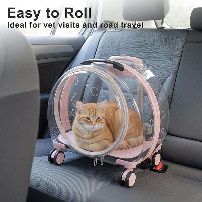Hard Shell Cat Carrier with Wheels, Rolling Cat Travel Carrier with Telescoping Handle, Transparent Pet Carrier for Cats (Pink)