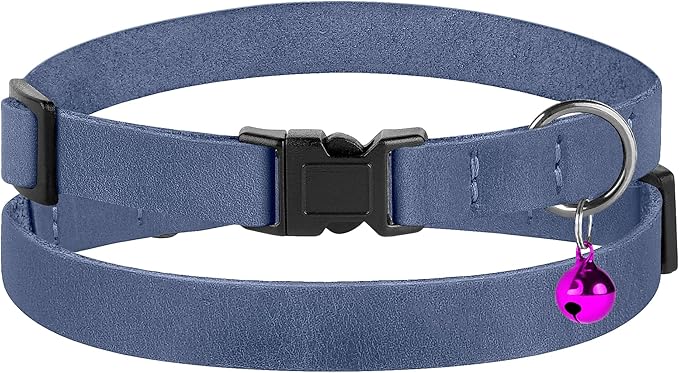Muromto Breakaway Cat Collar Leather Soft Adjustable Pet Kitten Collars with Bell Pink Brown Blue Green Red (Blue)