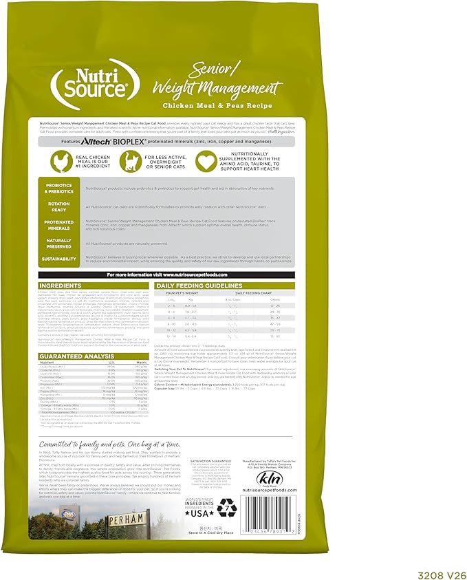 NutriSource Senior and Weight Management Cat Food, Chicken and Peas, 12LB