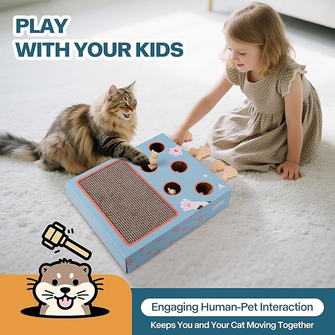 PAWISE Interactive Cat Scratcher Toy - 3-in-1 Cardboard Cat Scratching Board & Interactive Puzzle Toy Box for Indoor Cats, Nail File Scratch Pad with Pop-up Mice, Cat Enrichment Toy for Kitten