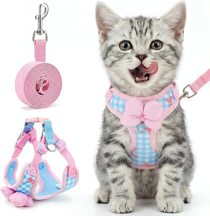Cat Harness and Leash Set for Walking Escape Proof Adjustable Kitten Harness Soft Comfortable Vest with Bow for Kitty Bunny Walking Traveling Easy to Wear Small Pink