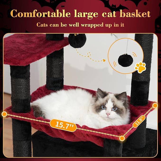 Heybly Cat Tree, Kitten Tower with Large Soft Cat Basket,Cat Condo with Spacious Cat Bed Cave with Hidden Space，Sisal-Covered Scratching Posts,Dangling Ball for Indoor Cats, Black and Red HCT008SBR