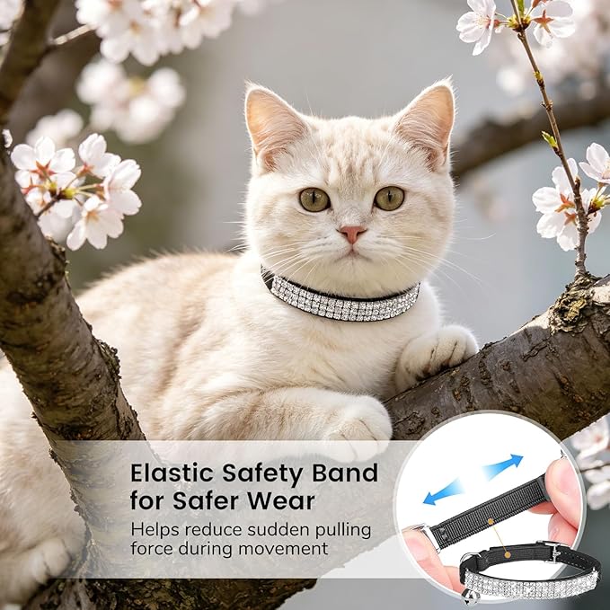 BINGPET Diamond Cat Collar with Bell, Adjustable Soft Velvet Bling Rhinestone Cat Collar, Sparkly Kitten Collar with Safety Elastic & Metal Buckle for Small Medium Cats