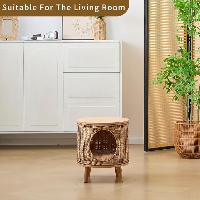Rattan Cat House End Table, 2-in-1 Cat Bed Side Table, Stylish Pet Furniture for Indoor Cats in Living Room and Bedroom Brown