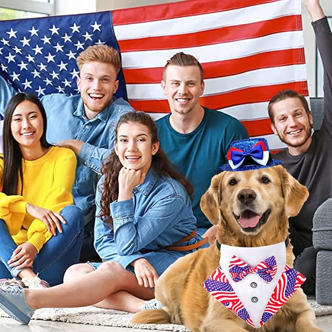 Dog Independence Day Costume 2Pcs Tux Bandana Shiny Pet Top Hat American Flag Dog Tuxedo Triangle Bibs 4th July Scarf Patriotic Holidays Outfit Dog Collar with Bow tie for Small Medium Large (Large)