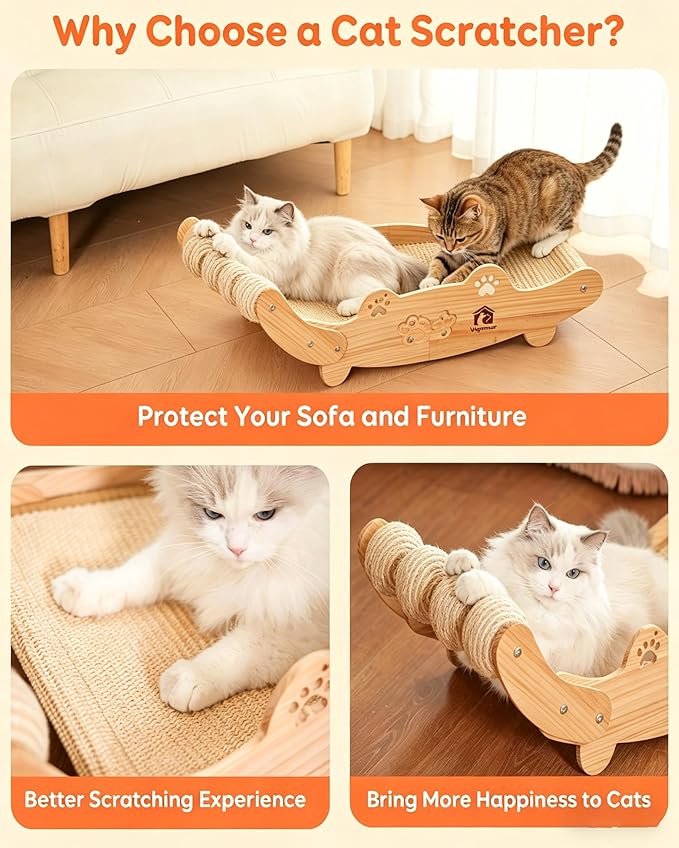 Large Sisal Cat Scratch Pad, Nartural Soild Wood Cat Scratcher Bed with Sisal Scratching Felt and 4 Balls for Indoor Cats Scratch & Lounger & Sleep (Large Size, Nature Wood)