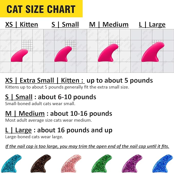zetpo Glitter Cat Nail Caps | Cat Claw Covers | with Adhesives and Applicators (6X Glitter | 120 pcs, L)