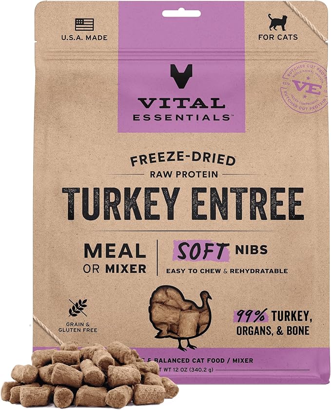 Vital Essentials Freeze Dried Cat Food, Raw Turkey Soft Nibs | Complete Meal or Topper | 99% Turkey, Organs & Bone | Limited Ingredient, High Protein, Grain Free Dry Cat Food | 12 oz Bag