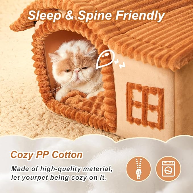 Jiupety Bear Cat Houses for Indoor Cats, Chimney Cute Cat Bed Cave, Enough Interior Space, Cartoon Soft Pet House Up to 3-7 lbs Kitten, Brown