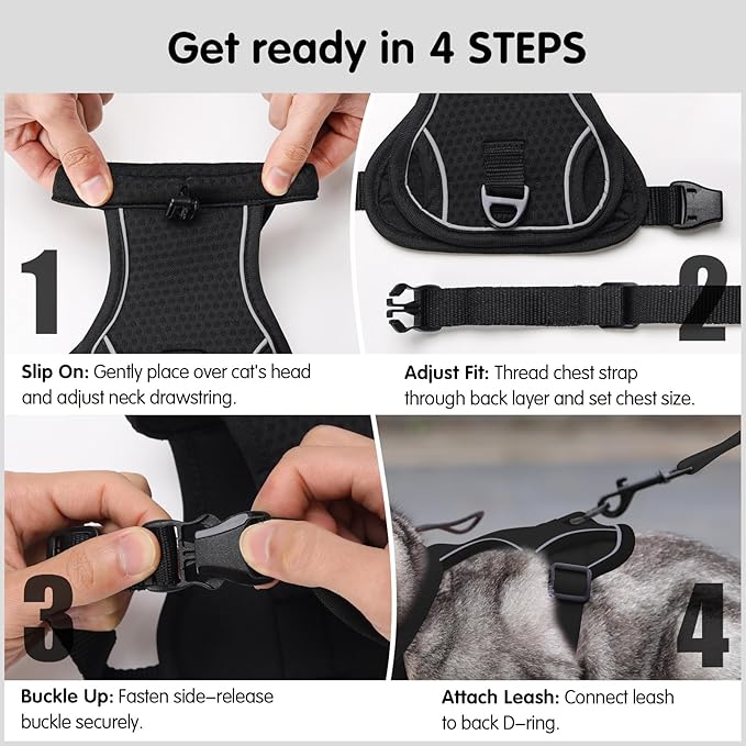 Dotoner Escape Proof Cat Harness and Leash Set Adjustable Soft Mesh Vest for Walking Safe Travel Vet Visit with Reflective Strips for Cats and Kittens(Black-S)