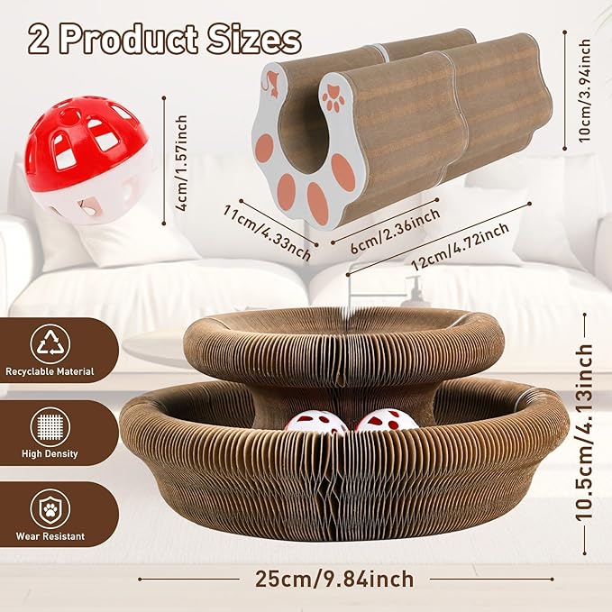 2 Pack Kitty Cat Toy,Foldable Magic Organ Cat Scratcher Board with Bell Ball,Interactive Cat Scratcher, Collapsible Magic Organ Cat Toy,3-in-1 Cat Scratcher Toy for Indoor Cats