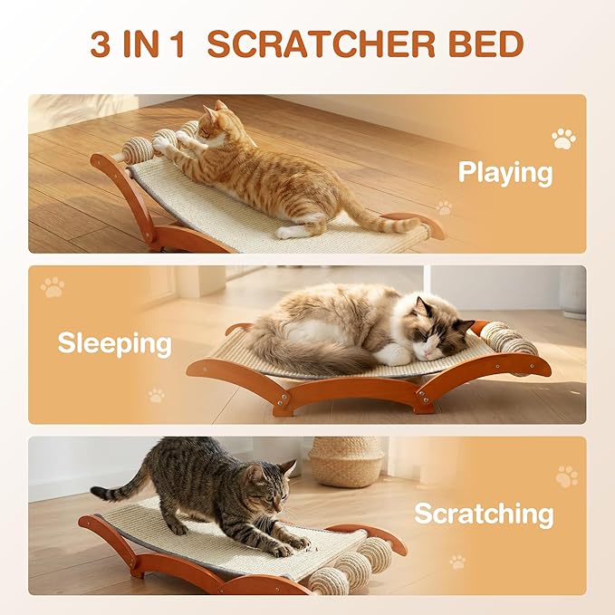 3-in-1 Extra-Large Cat Scratcher Bed with 3 Interactive Sisal Balls, Solid Wood Scratching Post Lounge with Toy, Sturdy Hammock for Large Cats to Sleep, Scratch & Play