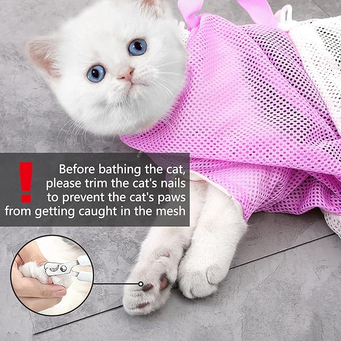 KlerRoem Cat Bathing Bag, Adjustable Anti-bite and Anti-Scratch Cat Shower Mesh Grooming Bag for Pet Dogs and Cats, Includes Pet Nail Clipper, Nail File, Grooming Glove, and Cat Shell Comb