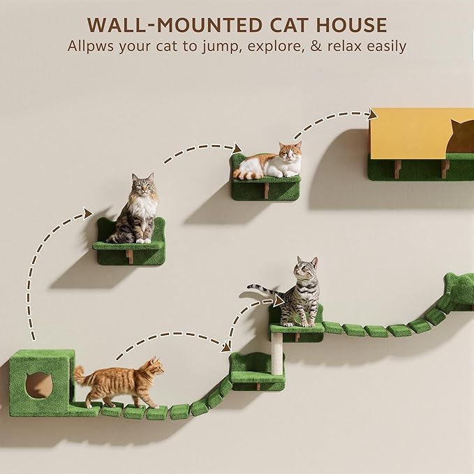 Cat Wall Shelves, Wall Mounted Pet Shelf Furniture w/Plush Fabric(26 Piece Set), 63''H Cat Tower w/Scratching Posts, Cats Furniture with 40''L Tunnel, Condos, House, Steps and Ladder, Green