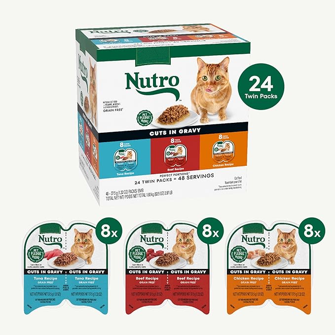 Nutro Perfect Portions Wet Cat Food Cuts in Gravy Multipack, Adult Cat Food Wet Beef, Tuna, and Chicken Recipes, 2.64 oz Twin-Pack Trays (24 Count, Pack of 1)