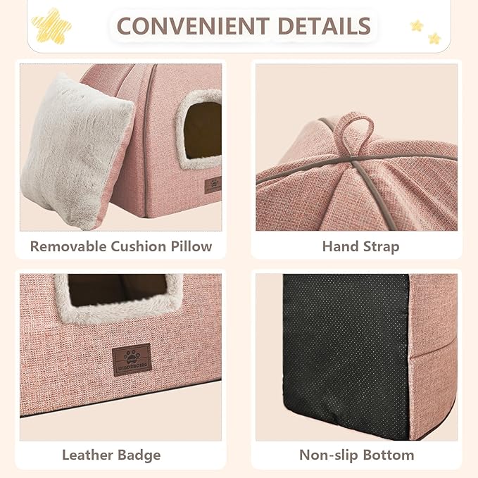 WINDRACING Cat Bed for Indoor Cats - Cat Cave Beds Cat House Cat Tent with Removable Washable Cushioned Pillow Light Pink, M(15 X 15 X 15 Inch)