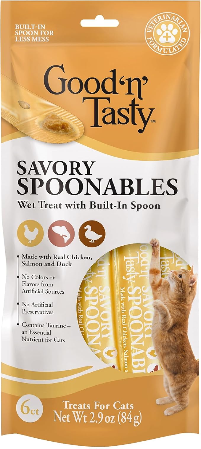 Good ‘n’ Tasty Savory Spoonables with Real Chicken, Salmon & Duck, 6 Count Tube, Triple Flavor Squeezable Lickable Wet Treats for Cats with Built-in Spoon for Less Mess