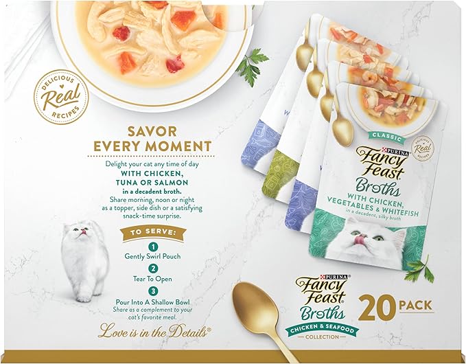 Purina Fancy Feast Broth Complement Chicken and Seafood Lickable Grain Free Wet Cat Food Variety Pack - (Pack of 20) 1.4 oz. Pouches