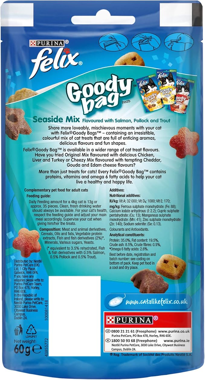 Felix Goody Bag Picnic Mix Adult Cat Treats Seaside Mix, Pack of 8 x 60 g