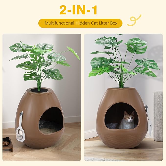 Eggloa6 Hidden Cat Litter Box with Artificial Plants ＆ Odor Removal System, Egg-Shaped Enclosure Includes Scoop ＆3PCS Liners Secret, Discreet Furniture, DIY Assembly Cat Litter Box Cabinet (Brown)