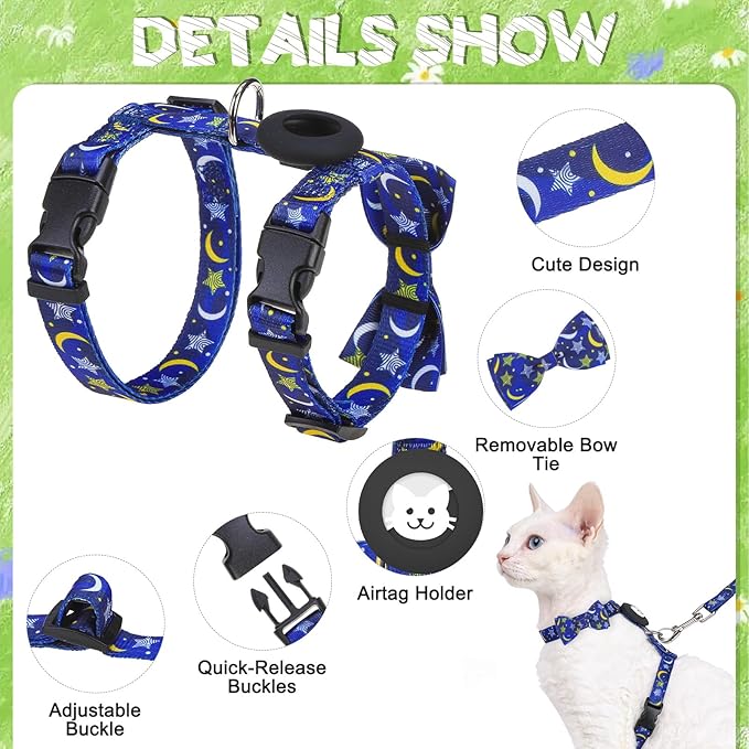 EXPAWLORER Cat Harness and Leash Set with AirTag Holder, Escape Proof Safe Lightweight Adjustable Soft Kitten Harness Set with Bowknot for Small Medium Large Cat Walking Travel Outdoor, Star-Moon