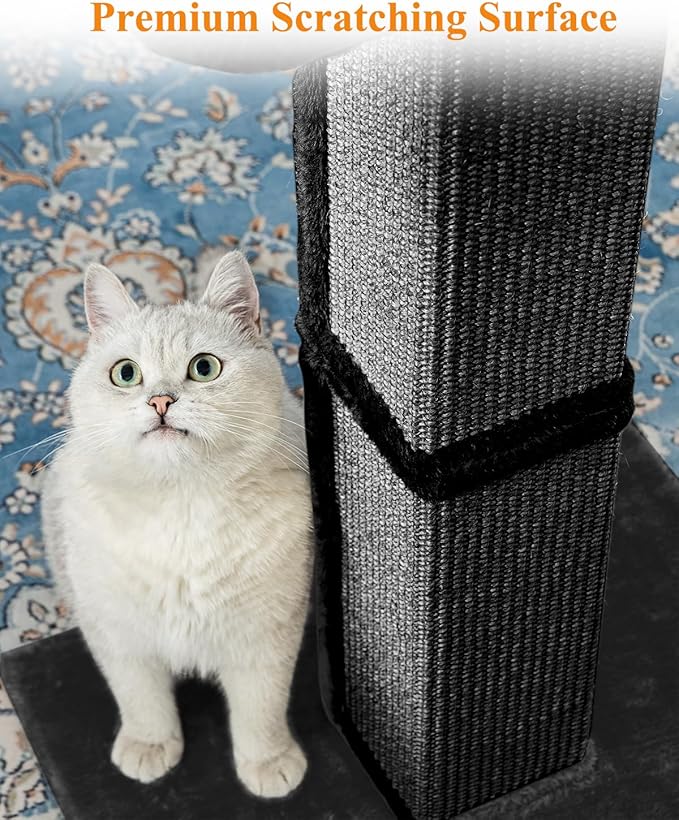 Karolpar 32" Cat Scratching Post for Indoor Cats, Sisal Cat Scratcher with Plush Perch, Large Scratch Post with Bed, Removable Cover, Sisal Fabric,Black
