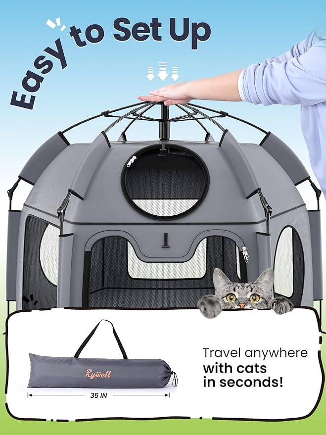 Catio Outdoor Cat Enclosure, Rywell 55” Extra Large Catio Pop Up Indoor Outdoor, Portable Cat Playpen Weatherproof with Removable Sunshade, Easy Setup Pet Enclosure for Cats Dogs