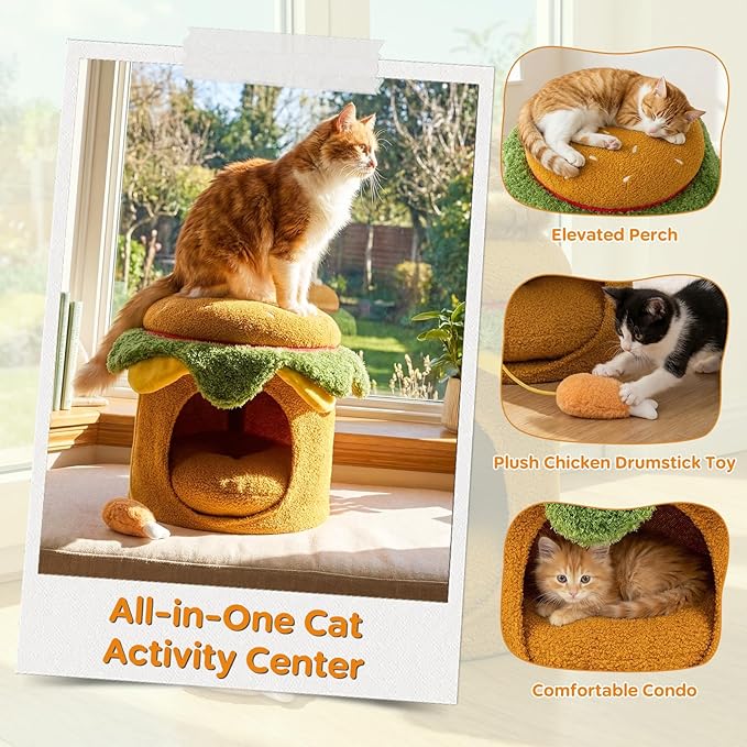 PETSITE 3-in-1 Burger-Inspired Cute Cat House, Multifunctional Cat Ottoman with Interactive Cute Chicken Drumstick-Shaped Toy and Removable Soft Cushion, Cat Hideaway Footstool for Indoor Cats