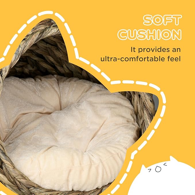 PawHut Handwoven Elevated Cat Bed with Soft Cushion & Egg Chair Shape, Basket Bed Kitty House with Stand, Raised Wicker House for Indoor Cats, 20" H, Gray