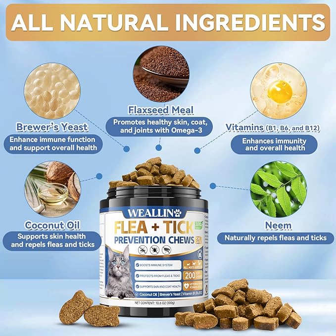 WEALLIN Flea and Tick Prevention Support Drop for Dogs & Cats + 200 Chews for Cats | Pets Oral Natural Supplement Flea and Tick Treatment for All Breeds and Ages