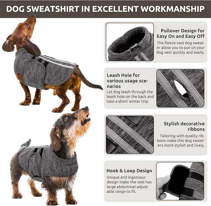 Queenmore XL Dog Sweaters, Soft Fleece Vest Pullover Dog Jacket with Leash Hole, Warm Winter Dogs Clothes Cold Weather Doggy Dachshund Sweater for Large Dogs Cats Boy or Girl (Cationic Gray, XL)