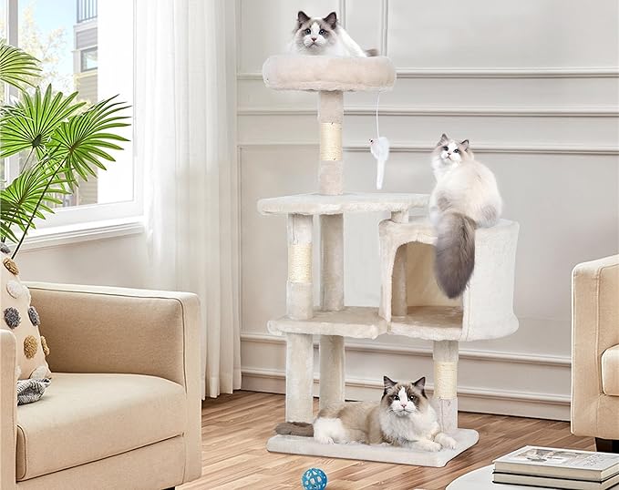 Cat Tree Tower, 36" Small Cat Tower for Indoor Cats with Cat Scratching Post with Bed, Cat Condo, Multi-Level Cat Climbing Tower Cat Trees Cat Furniture Activity Center, Beige