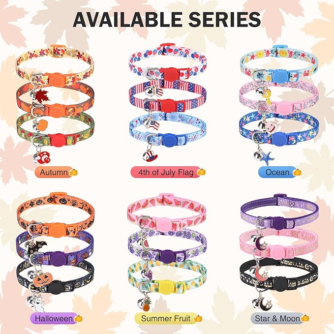 3 Pack Fall Breakaway Cat Collars with Bell & Charm-Thanksgiving Cat Collar for Girl Boy Cats with Safety Buckle- Cute Pumpkin Kitten Collar Adjustable 8"-12" for Kitty Puppy Small Pets