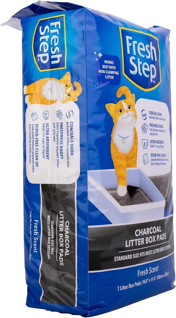 Fresh Step Charcoal Litter Box Pads with Activated Carbon for Odor Control, Ultra-Absorbent with Leak-Proof Bottom for Scrub-Free Cleanup, 16.9 x 11.4 Inches, 7 Count