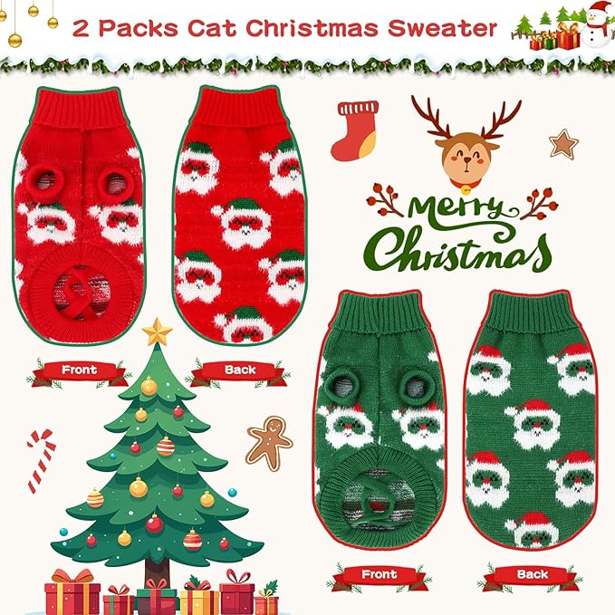 BWOGUE 2 Packs Cat Christmas Sweater Dog Sweaters Pet Cat Winter Knitwear Warm Clothes Pet Santa Claus Merry Christmas Pets Sweaters for Kittys and Small Dogs