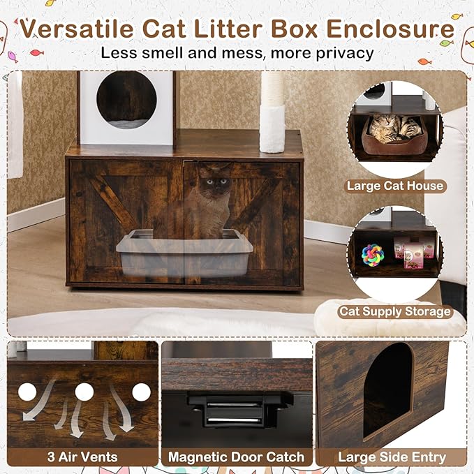 Tangkula Cat Tree with Litter Box Enclosure, Industrial Hidden Litter Box with Cat Tower, Sisal Scratching Posts, Hammock, Hanging Toy and Basket Bed, Condo, Wooden Cat Washroom for Indoor Cats