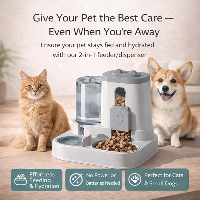 Automatic Dog Cat Feeder – 2-in-1 Cat Food and Water Bowl Set & Dog Food and Water Bowl Set, 800ml + 2.2L Gray
