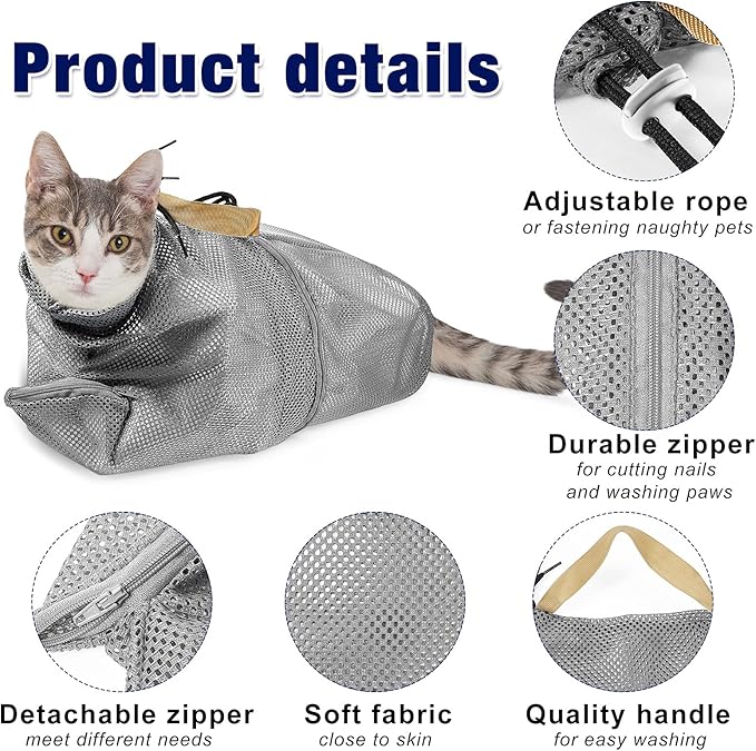 2 Pieces Cat Grooming Washer Mesh Bag Cat Muzzles Breathable Mesh Muzzles Adjustable Kitten Scratch Resistant Kitty Restraint Clothes Kitty Bath Bag for Bathing Nail Trimming Feeding(Gray)
