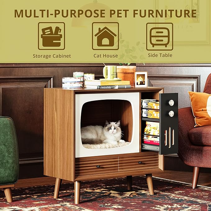 IRONCK TV-Shaped Cat House for Indoor – Vintage Wooden Cat Condo with Drawers, 2-in-1 Side Table & Nightstand for Living Room, Walnut