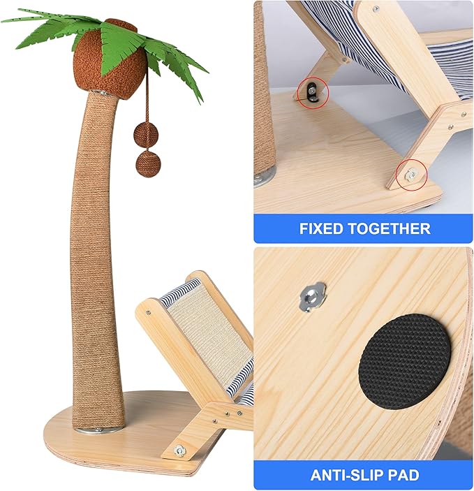 Palm Tree Cat Scratching Post with Beach Chair 2 in 1, 29.5" Sisal Rope Cat Scratching Post with Perch for Indoor Cats Adults, Small Cat Kitten Scratch with Interactive Hanging Ball