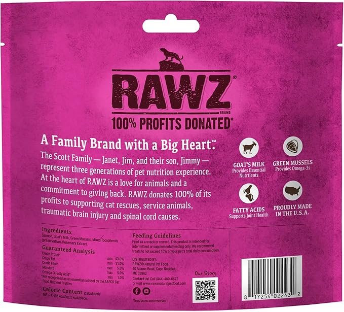 Rawz Raw Freeze Dried Wild Caught Salmon, Goat's Milk & Green Mussels Crunchy Cat Treats- 1 Ounce Bag
