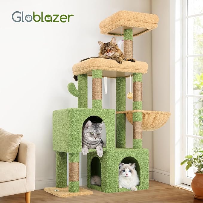 Globlazer Cactus Cat Tree Condo Tower for Indoor Cats, 52in Multi-Level Cat Scratching Tree with 2 Cat Condos, 5 Sisal Scratching Posts, 2 Padded Perches, Sturdy Basket, Widened Base, S52, Green
