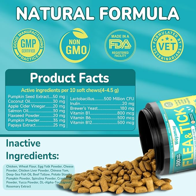 Woyamay Cat & Dog Flea and Tick Prevention Bundle, 500 Crunchy Dual-Texture Chews Each, Natural 4-in-1 Flea Defense with Skin, Coat, Gut & Immune Support, Oral Daily Flea Treatment for Cats & Dogs