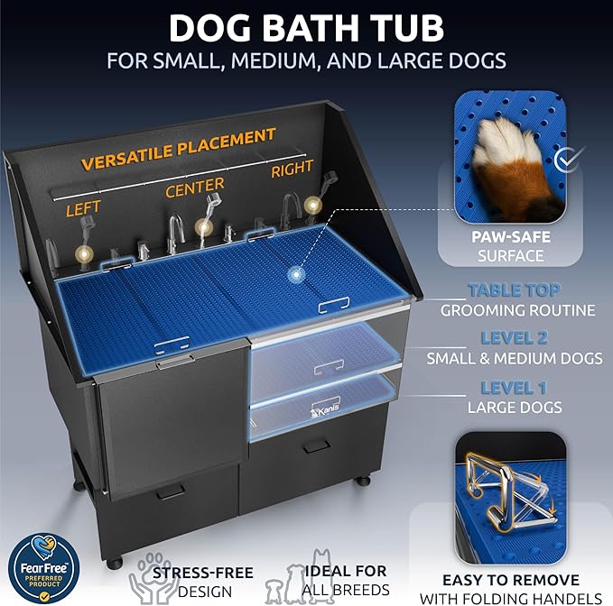 KANIS Professional Dog Washing Station 304 Stainless Steel Pet Wash Sink & Grooming Bathtub w/Shower, Floor Grates and Storage for Large, Medium & Small Pets (Black, 50 Inches, Left Ramp, 2 Drawers)