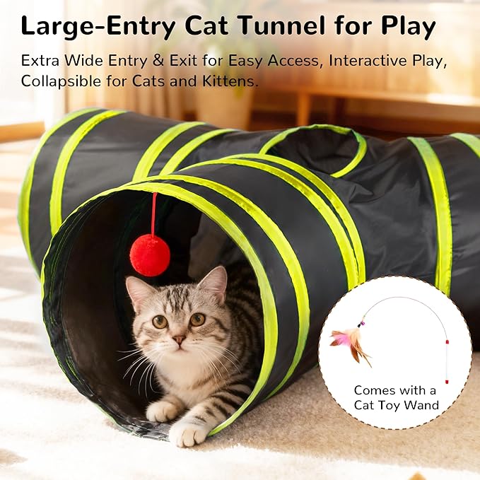 Tempcore Cat Tunnel for Indoor Cats, 3-Way Collapsible Play Tunnel with Teaser Wand, Peek Holes & Toy Ball, Small Pet Toy for Kittens & Rabbits, Black & Yellow