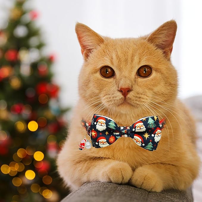 Mieemiu 2 Pack Christmas Cat Collar with Bow Tie, Adjustable Breakaway Collar with Bell for Cats and Kittens, Santa Claus and Red Snowman Holiday Design