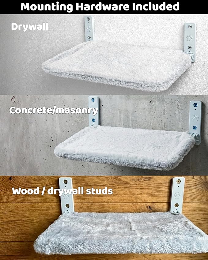 OtterPets Cat Wall Bed with Ultra-Soft Plush Cover, Foldable Cat Wall Hammock, Shelf Bed with 40 lb Metal Support, Removable Washable Hammock, Hardware for Drywall, Stud & Concrete